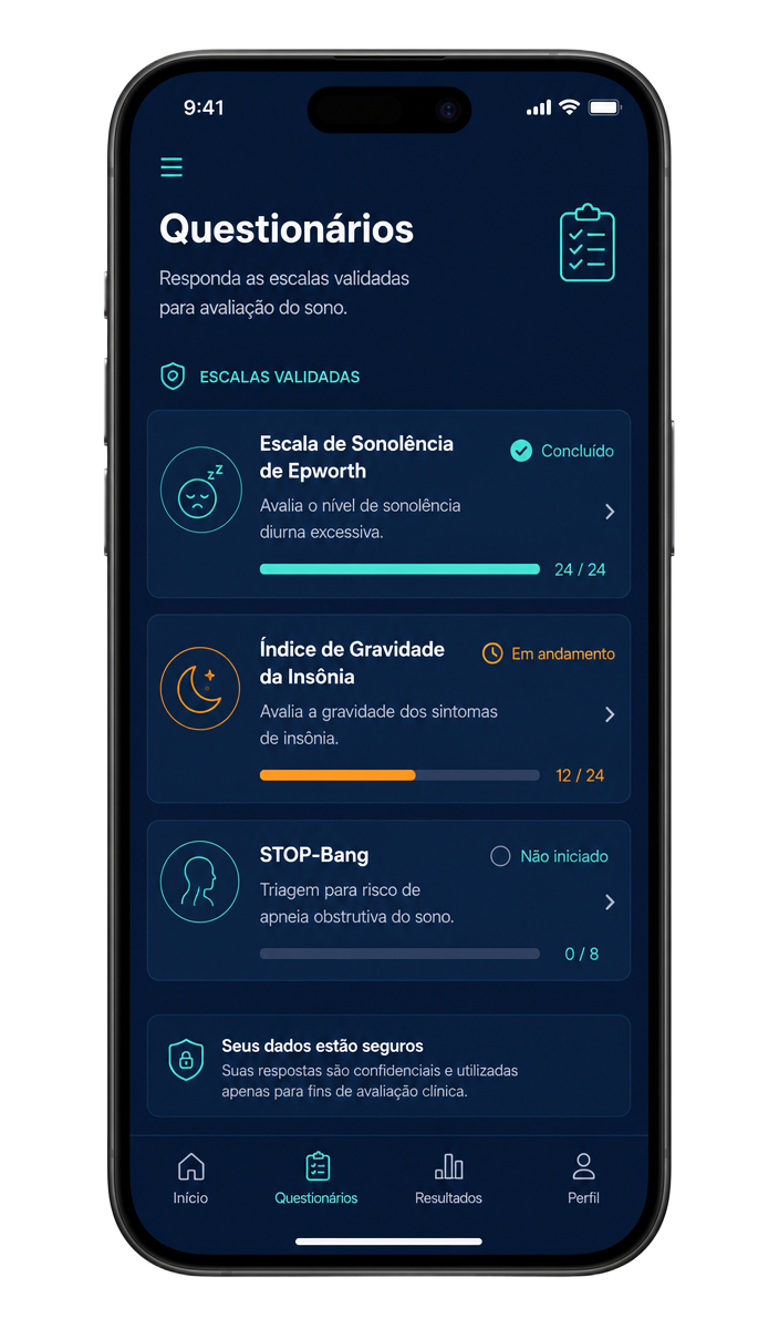 Tela do aplicativo O Médico do Sono: Questionários validados