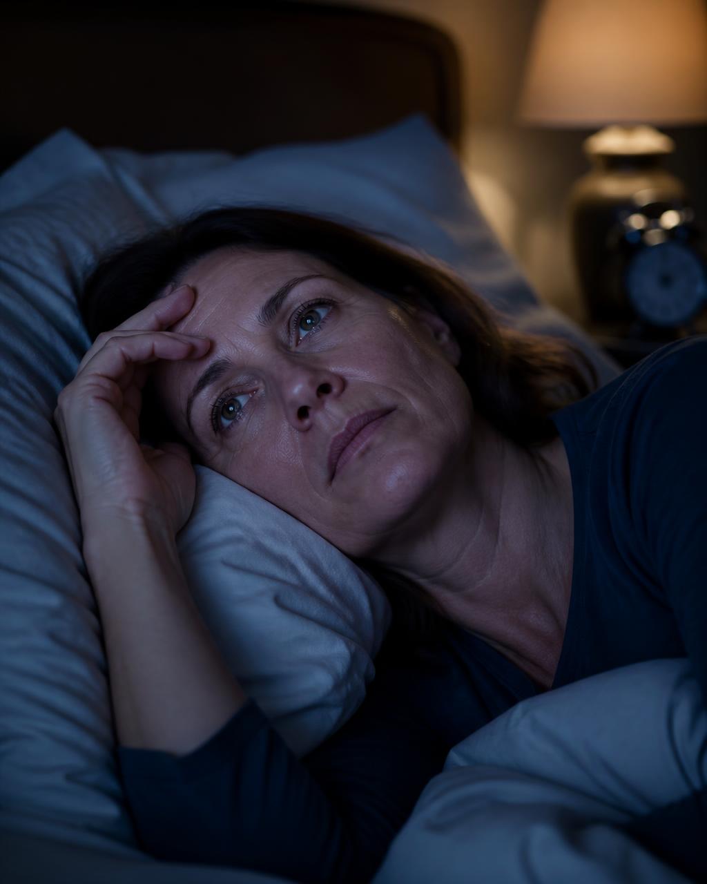 Mulher acordada na cama à noite com insônia